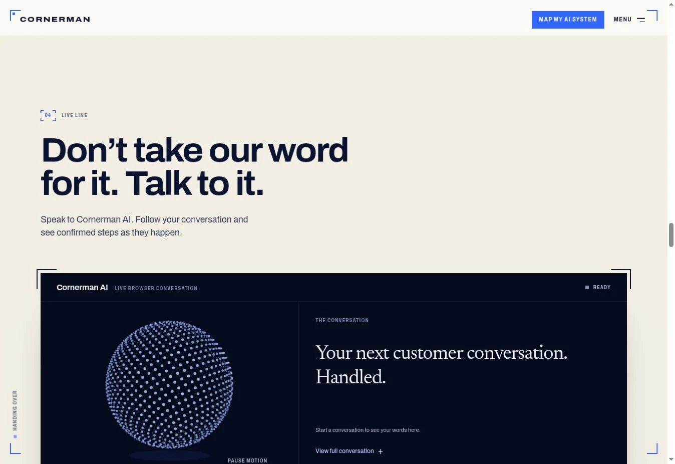 Cornerman AI website: interactive AI voice and conversation experience