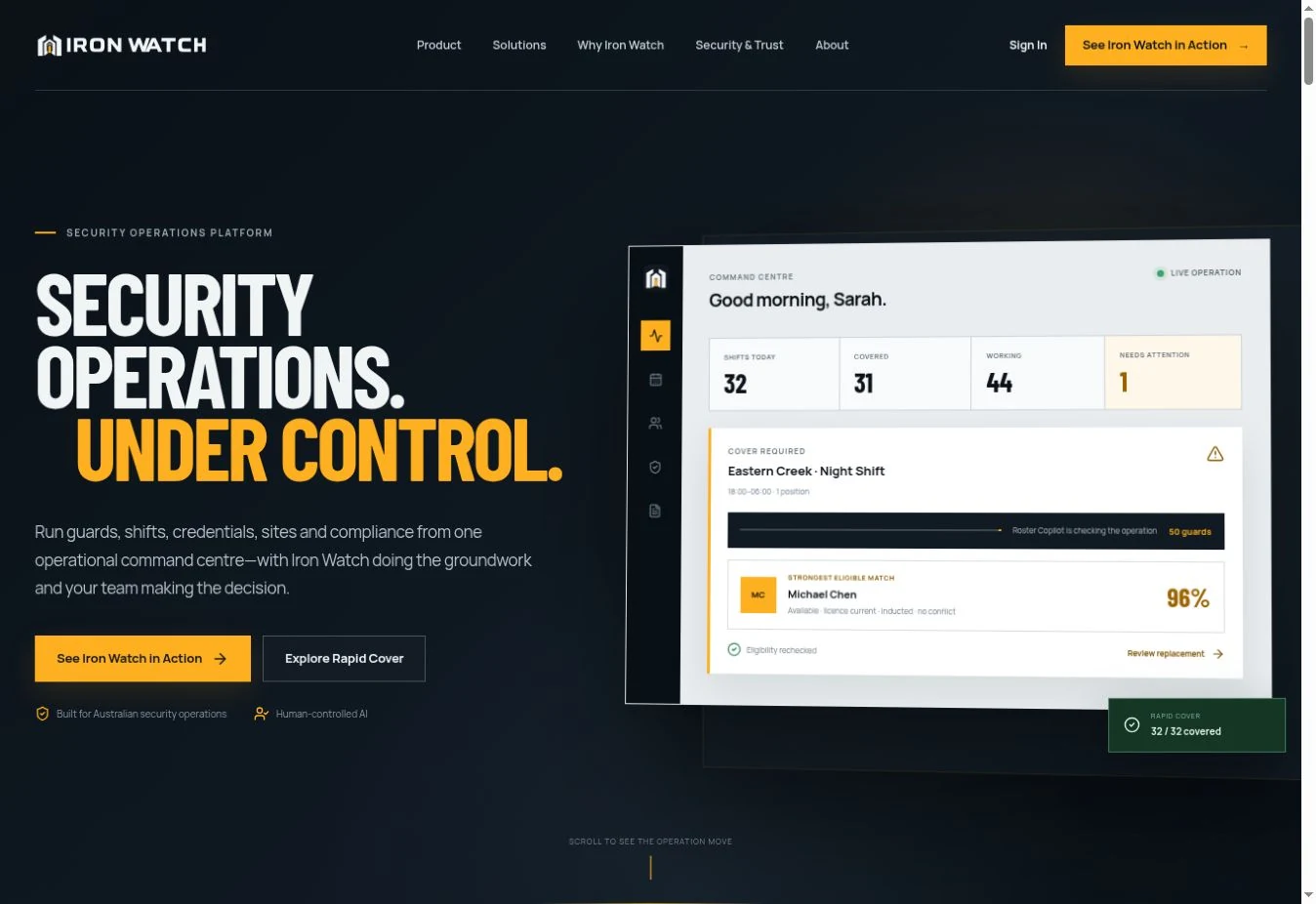 Iron Watch Ops website: security operations and the workforce dashboard
