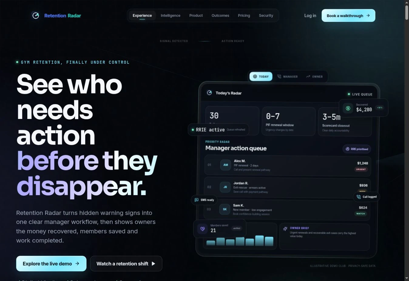 Retention Radar website: member retention and the manager action queue